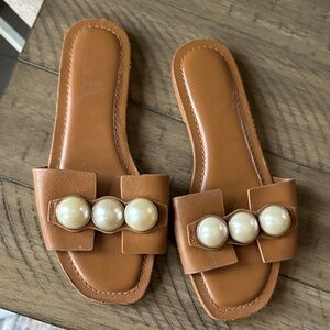 Zara Brown Slide Sandals with Pearl Embellishments